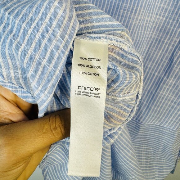 Chico’s Size‎ 2 12/14 Blue Button Shirt Top Blouse 3/4 Sleeve Sheer Stripe - Picture 7 of 9